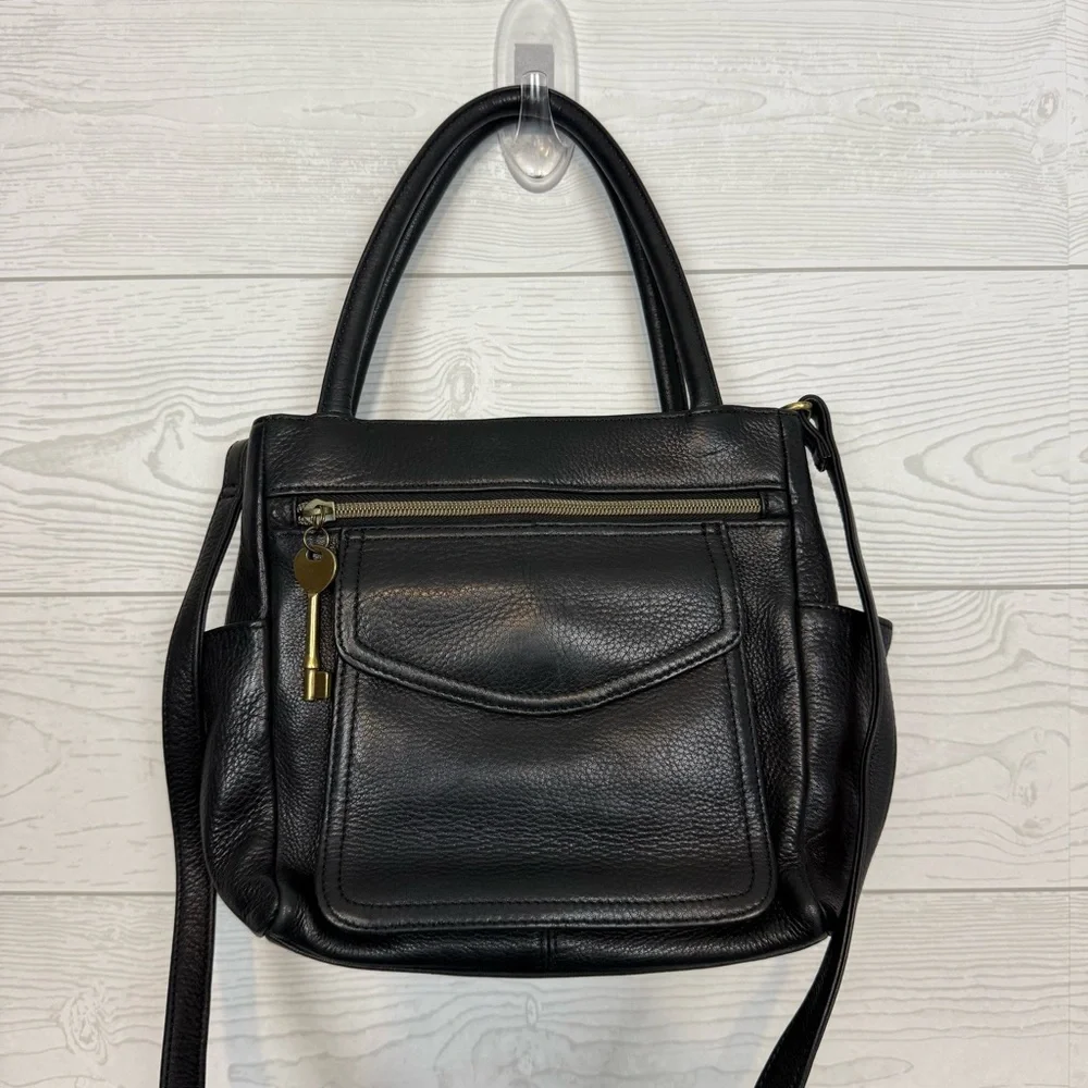 Fossil Vintage Black Pebbled Leather Satchel Crossbody Bag - Picture 7 of 10